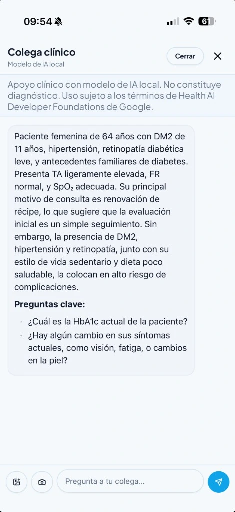 Colega clínico resumiendo el caso del paciente con preguntas clave